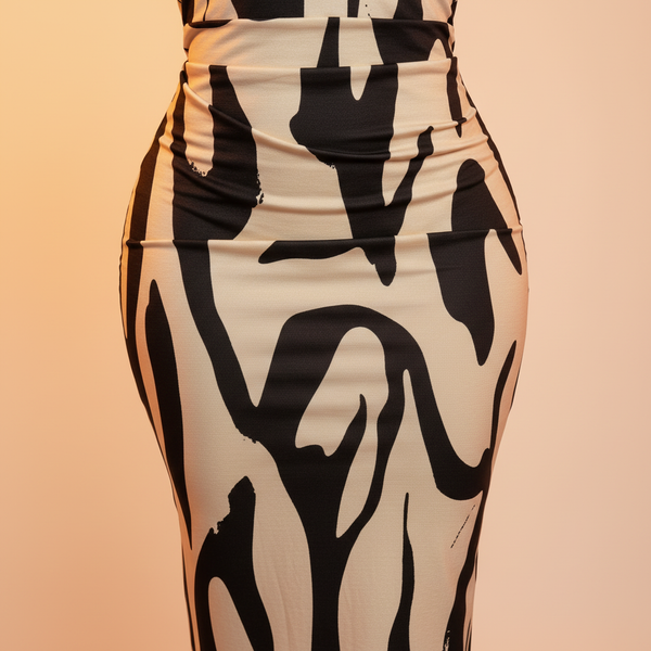 Close-up of the AMARIS midi dress fabric, showing an intricate abstract artisanal print in warm tones against a cream backgro