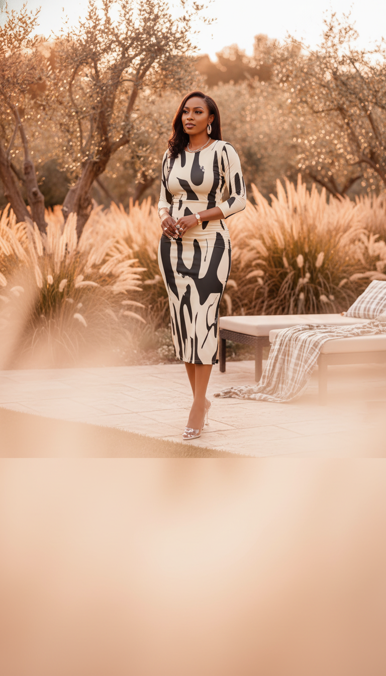A woman in her 30s, centered in a full-height portrait, wears a beautifully crafted midi dress in a softly lit outdoor settin