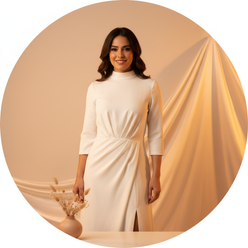 Circular portrait of Nadia Mansour, a woman with a warm smile, wearing an elegant ivory midi dress. The background is a soft 